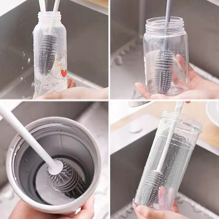SILIKONOWA SZCZOTKA DO MYCIA BUTELEK SZKLANEK DŁUGA SZARA MYJKA ELASTYCZNA