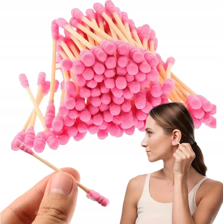 HIGIENICZNE PATYCZKI DO USZU 100 sztuk drewniane kosmetyczne różowe