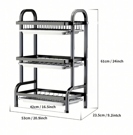 SUSZARKA DO NACZYŃ TRZYPOZIOMOWA czarna stal nierdzewna składana ociekacz