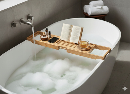BAMBUSOWA PÓŁKA NA WANNĘ łazienkowy organizer regulowana taca ROZSUWANA