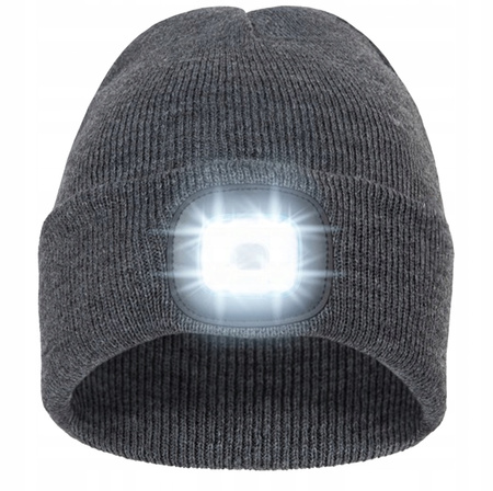 ZIMOWA CZAPKA Z LATARKĄ LED czołówka robocza do biegania z lampką szara
