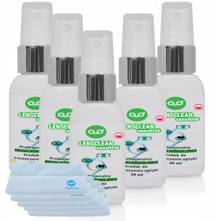 LensClean SENSITIVE BEZ ALKOHOLU x5 zestaw płynów do okularów + ściereczki