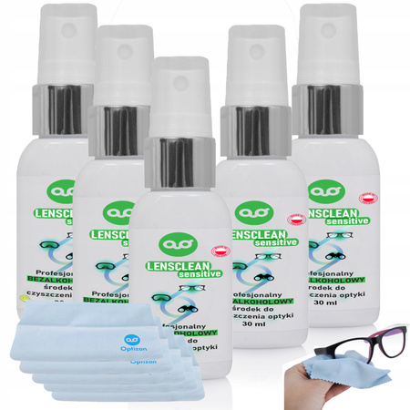 LensClean SENSITIVE BEZ ALKOHOLU x5 zestaw płynów do okularów + ściereczki