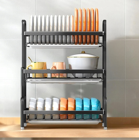 SUSZARKA DO NACZYŃ TRZYPOZIOMOWA czarna stal nierdzewna składana ociekacz