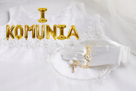 NAPIS Z BALONÓW 40cm I KOMUNIA dekoracja na przyjęcie komunijne złoty